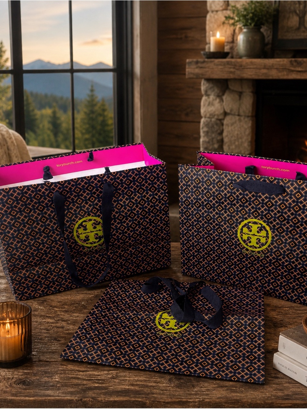 Tory Burch Navy Gift Bags with Neon Yellow Logo 3 bags